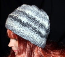 Load image into Gallery viewer, Chunky Knit Hat, Beanie Grey, White, Silver Knitted Hat. Warm Winter Accessory Wool Hat. Handmade Beanie Hat for Men or Women.