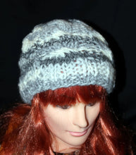 Load image into Gallery viewer, Chunky Knit Hat, Beanie Grey, White, Silver Knitted Hat. Warm Winter Accessory Wool Hat. Handmade Beanie Hat for Men or Women.