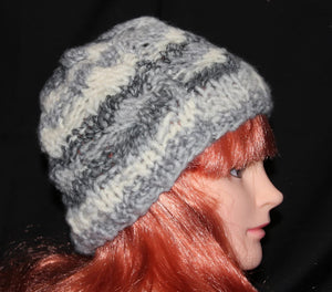 Chunky Knit Hat, Beanie Grey, White, Silver Knitted Hat. Warm Winter Accessory Wool Hat. Handmade Beanie Hat for Men or Women.